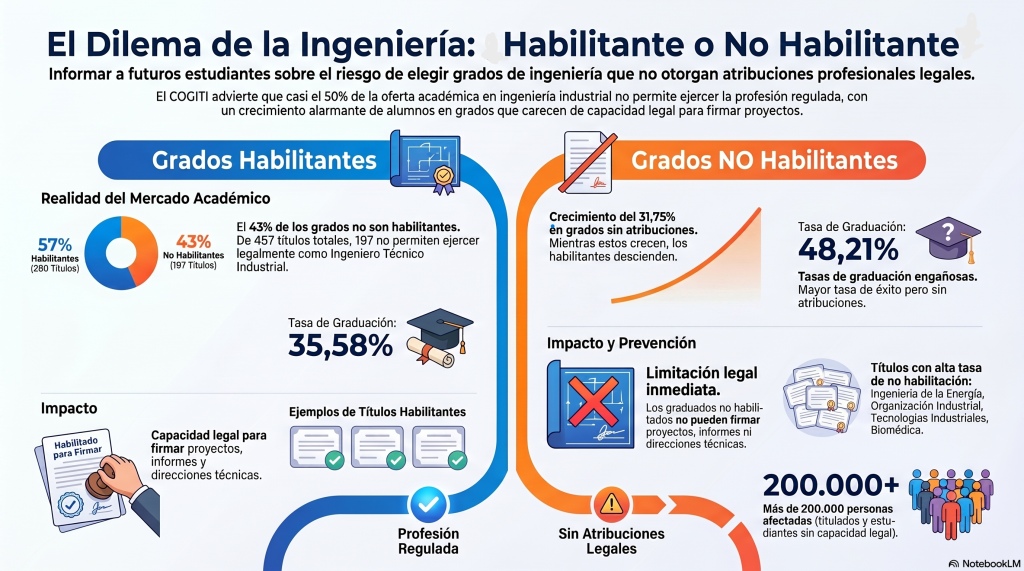 El COGITI alerta un año más a los estudiantes de Ingeniería del ámbito industrial sobre las cerca de 200 titulaciones de grado no habilitantes para ejercer la profesión